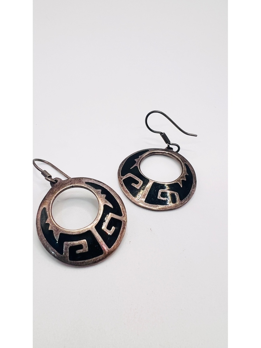 Vintage Mexico 925 Sterling Silver Black Enamel Geometric Dangle Earrings
